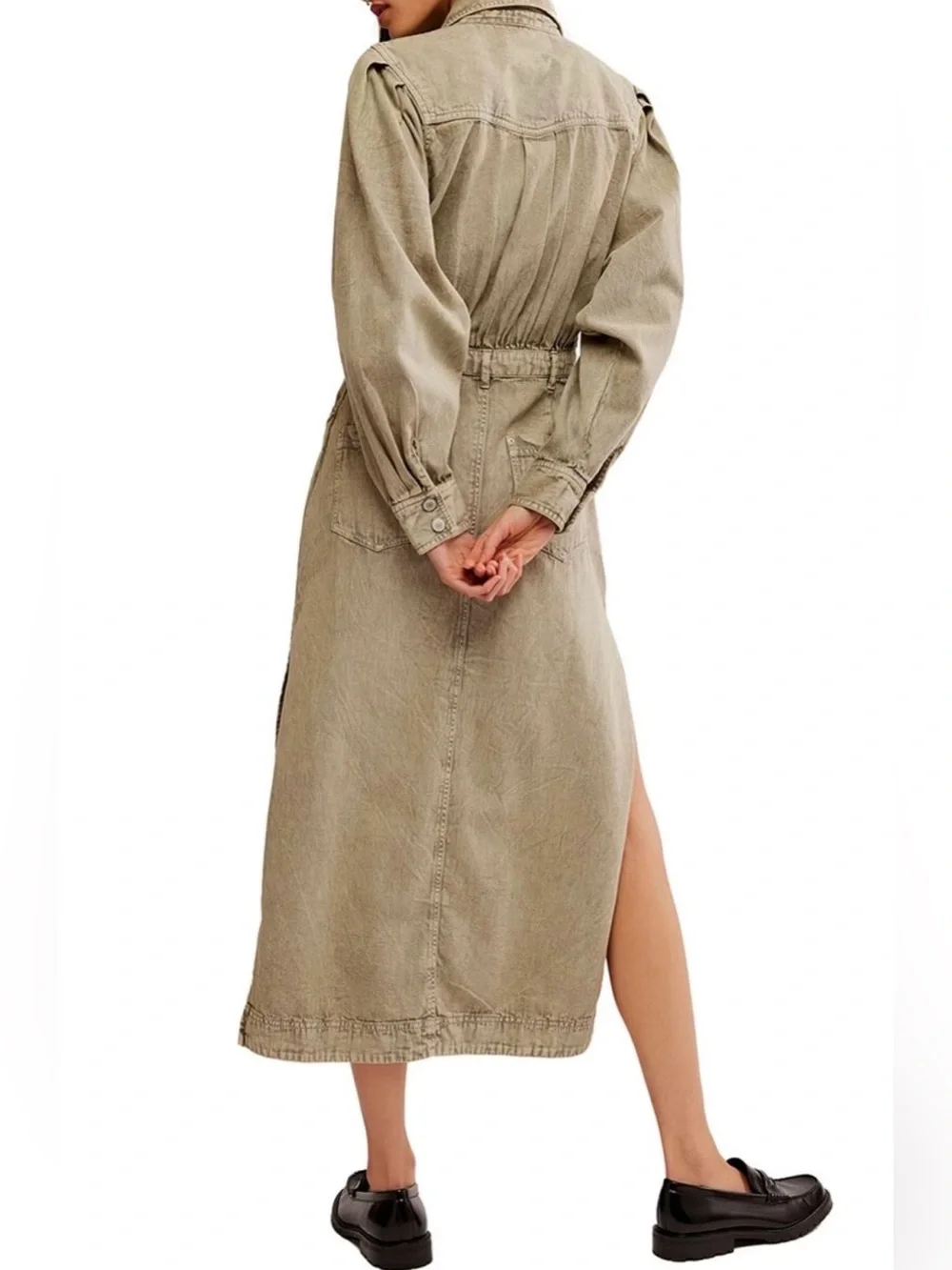 NWT Free People S Mad Love Denim Midi Dress in Sage Green New $198 Pocket Cotton